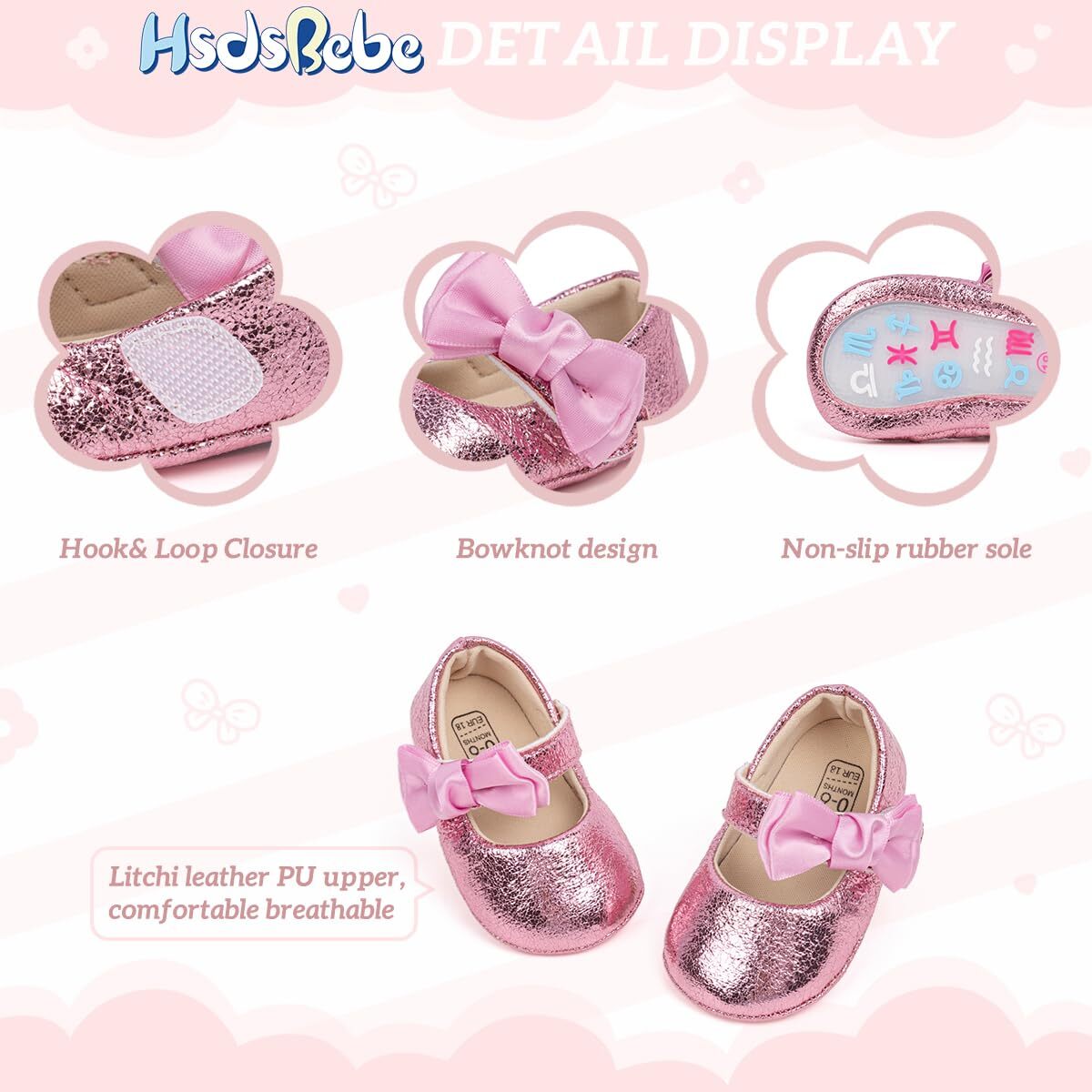Baby Girls Mary Jane Flats Non-Slip Bowknot Crib Shoes (HM5313 Gold,12)