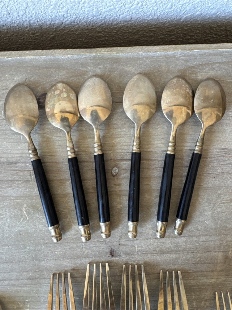Vintage Brass & Black Bakelite Set Flatware Silverware 32 Piece Set