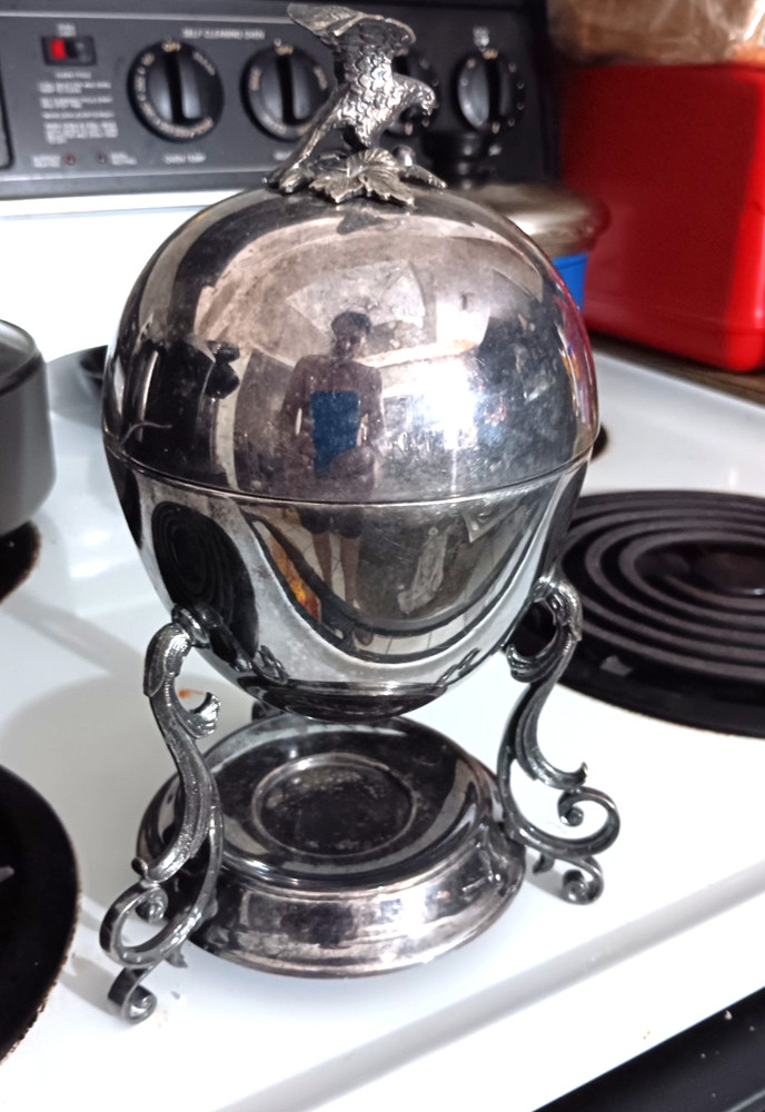 Antique English Silver Plate Condiment Egg Codder  Eagle Finial Handle