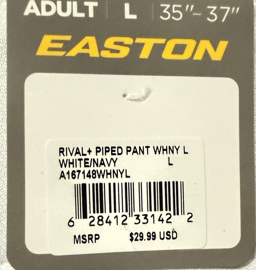 Easton Rivals Plus Men’s White With Navy Piping Full Length Baseball Pant NWT