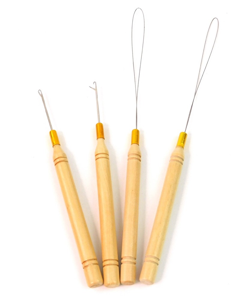 4pc Wooden Handle Hair Extension Loop Needle and Threader Hook Pulling Tools Set