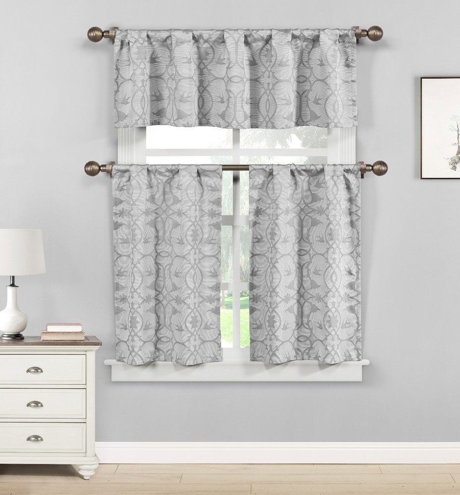 Dawn Birds Gray Jacquard Fabric Kitchen Window Set, 3pc.