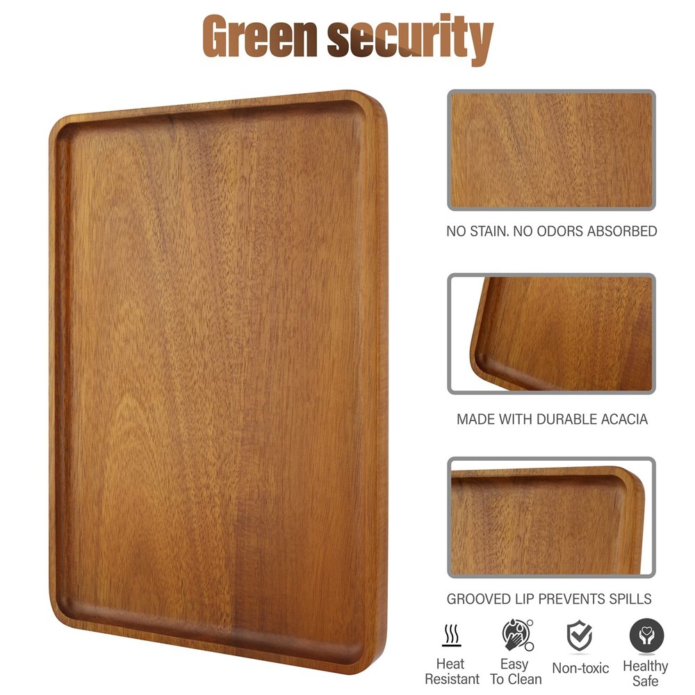 2 PCS Solid Acacia Wood Serving Trays Rectangular Wooden Serving Platters Nat...