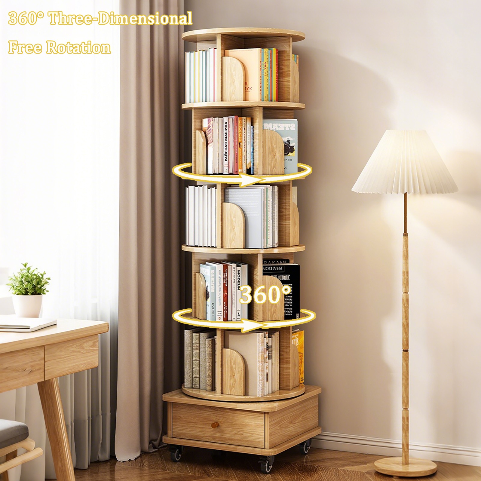 6 Tier Rotating Bookshelf, 360° Display Round Spinning Bookshelf w/ Drawer Home