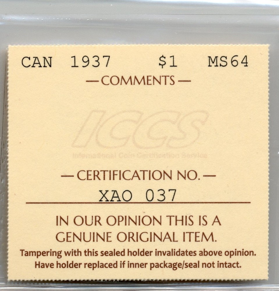 1937 Canada Silver Dollar - Choice Uncirculated, ICCS MS 64