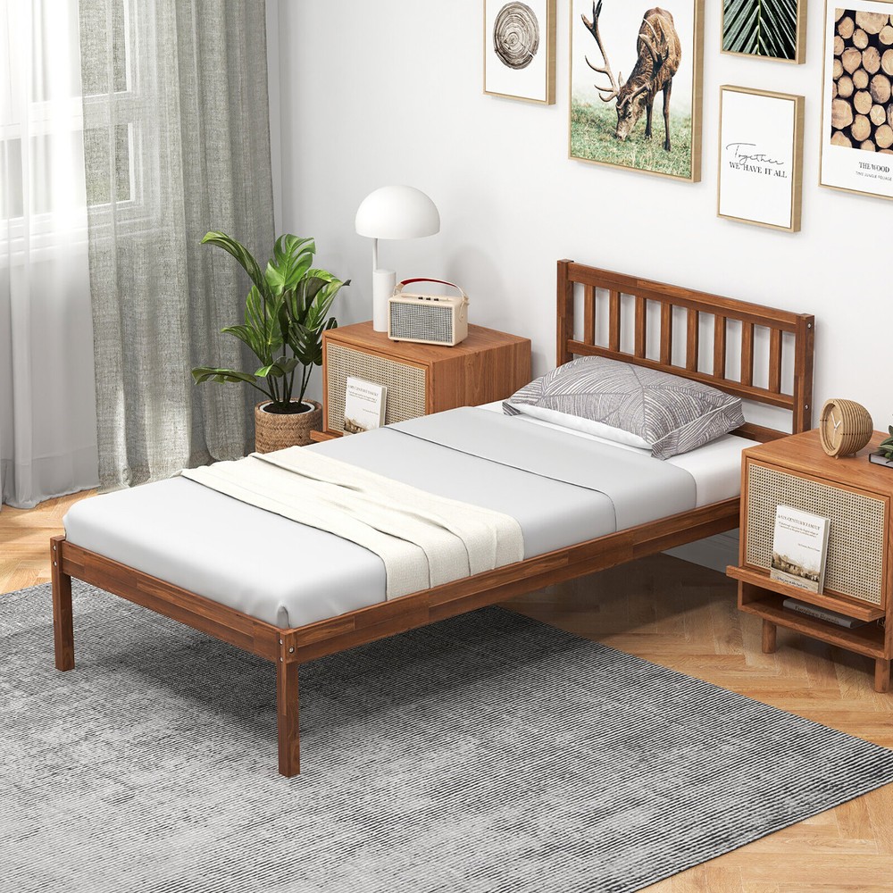 Twin Platform Bed with Headboard Solid Wood Leg Mattress Foundation Walnut