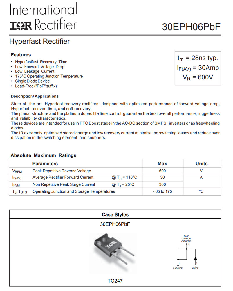 2PCS 30EPH06PbF 30EPH06 IR Hyperfast Rectifier 600V 30A Diode 28ns TO-247