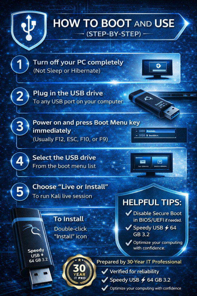 Kali Linux Persistent USB 64GB Bootable USB 3.2 Ready to Use