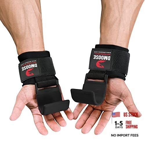 DMoose Weight Lifting Hooks (Pair), Hand Grip Support Wrist Black (Flat Hook)