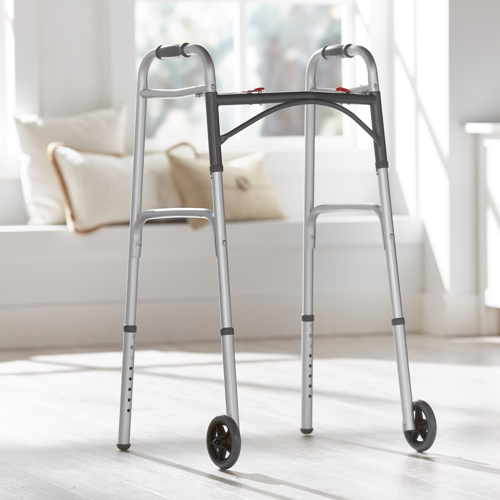 McKesson Aluminum 32 to 39" H Dual Release Folding Walker with Wheels up to 350