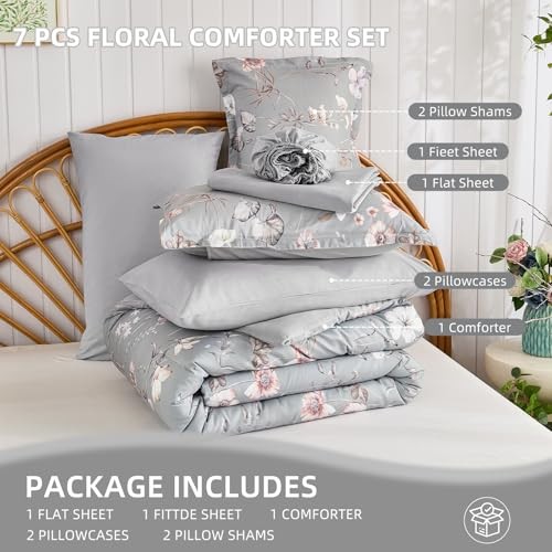 Comforter Set Botanical Floral Bedding Comforter Sets Size for All Queen Grey