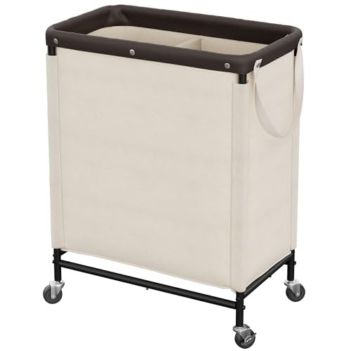 2 Section Laundry Hamper, Rolling Laundry Cart with 100L(2-Section) Beige