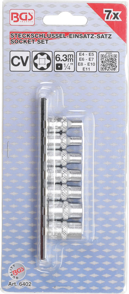 BGS - E-Type Screws E4 - E11 - 7 Pc Shallow Socket Set - 1/4" Drive - 6402