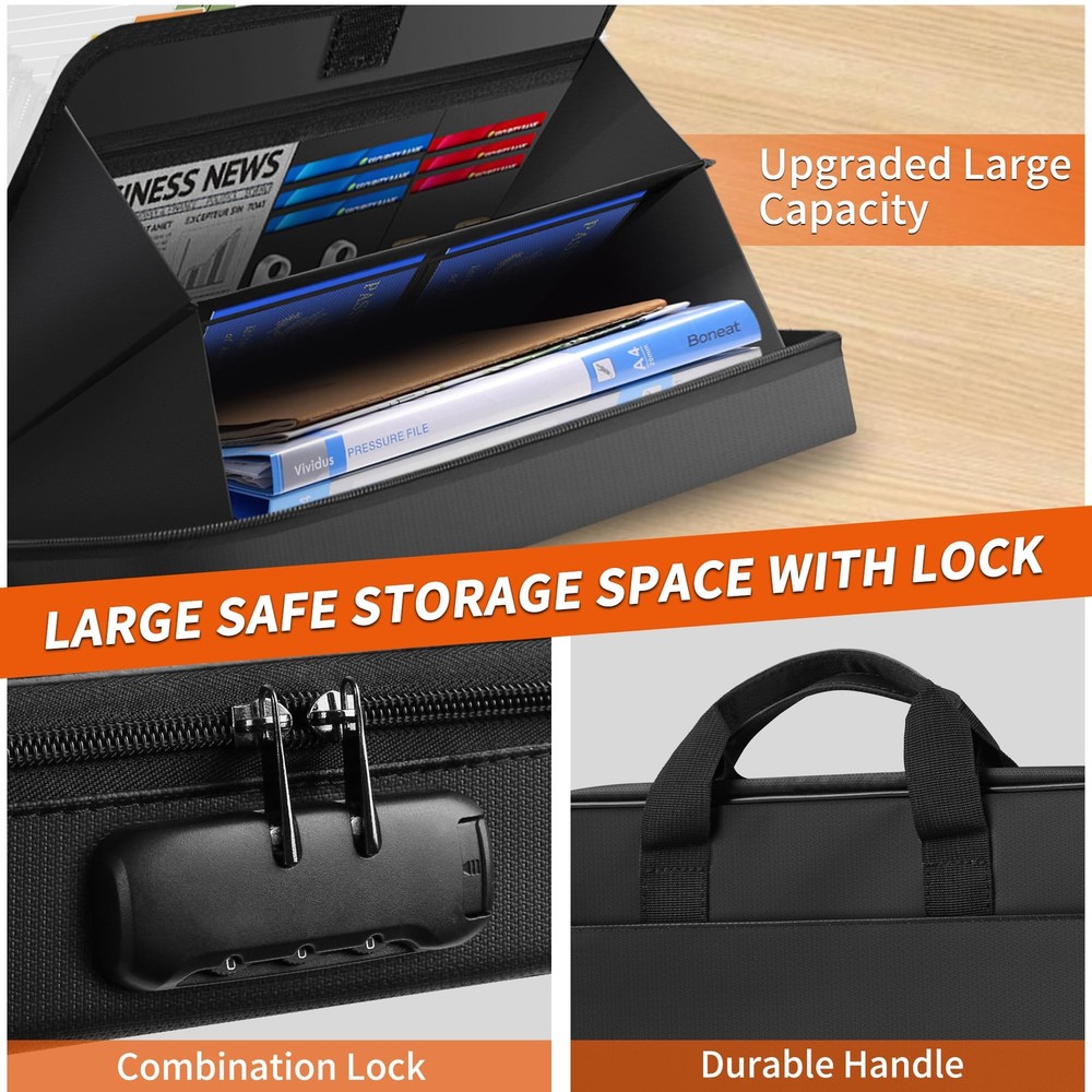 Fireproof Document Bag with Lock, Waterproof and Fireproof Bag with 13 Pocket...