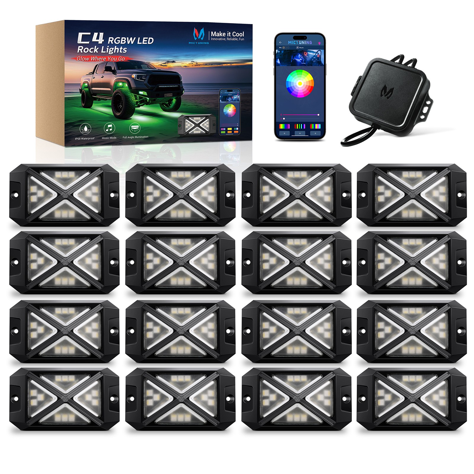 MICTUNING C4 RGBW LED Rock Light 8/12/16 Pods Underglow Accent Light App Control