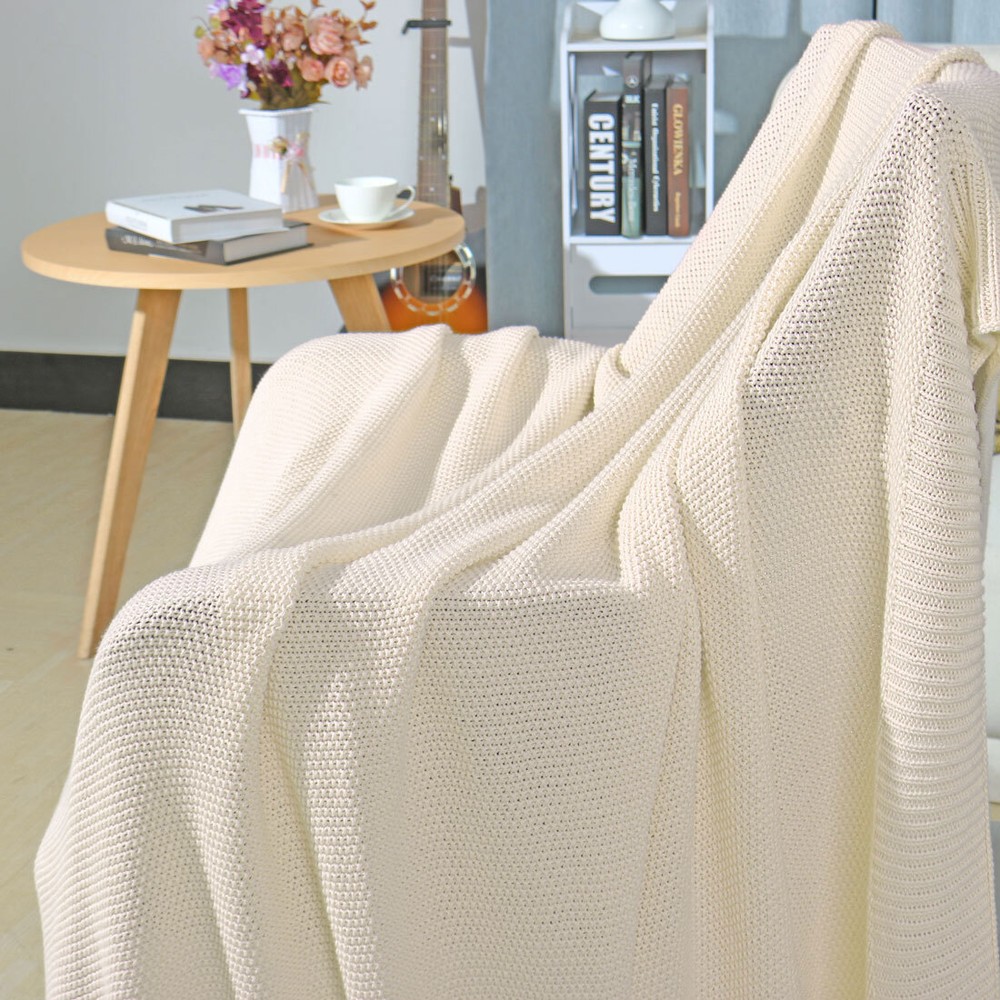 Soft 100% Cotton Solid Decorative Knitted Sofa / Bed Throw Blanket in 14 Colours