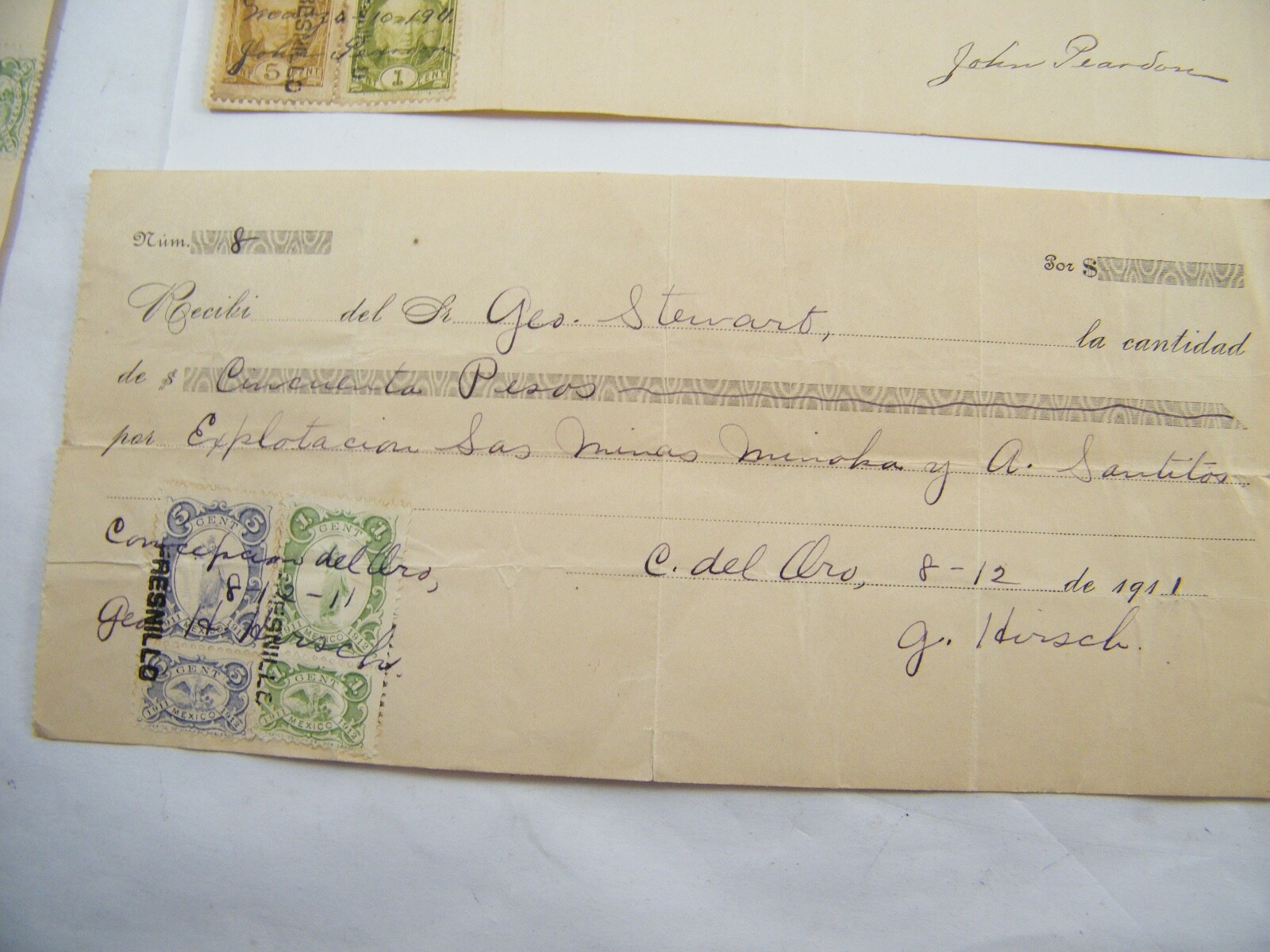 1911 EXPLOTACION MINOKA MINES PAYMENT RECEIPTS WRITTEN IN SPANISH 50 PESOS
