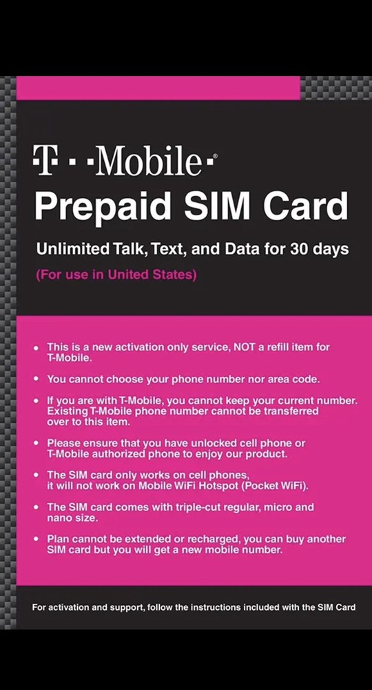 Preloaded T-Mobile Sim with Prepaid Plan 30-Days $40/$50 5G/4G LTE & E-SIM