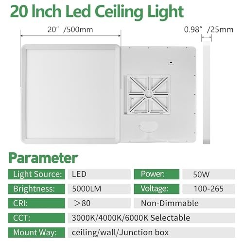 20" LED Flush Mount Ceiling Light, 45W, 4500LM, CCT Selectable 3000K/4000K/6000K