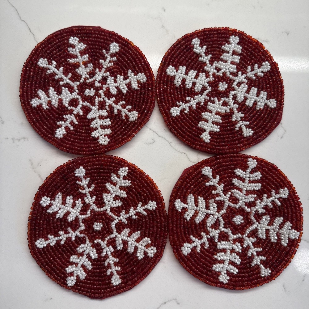 Beaded Christmas 8 Drink Coasters & 3 Flatware Stocking Holders