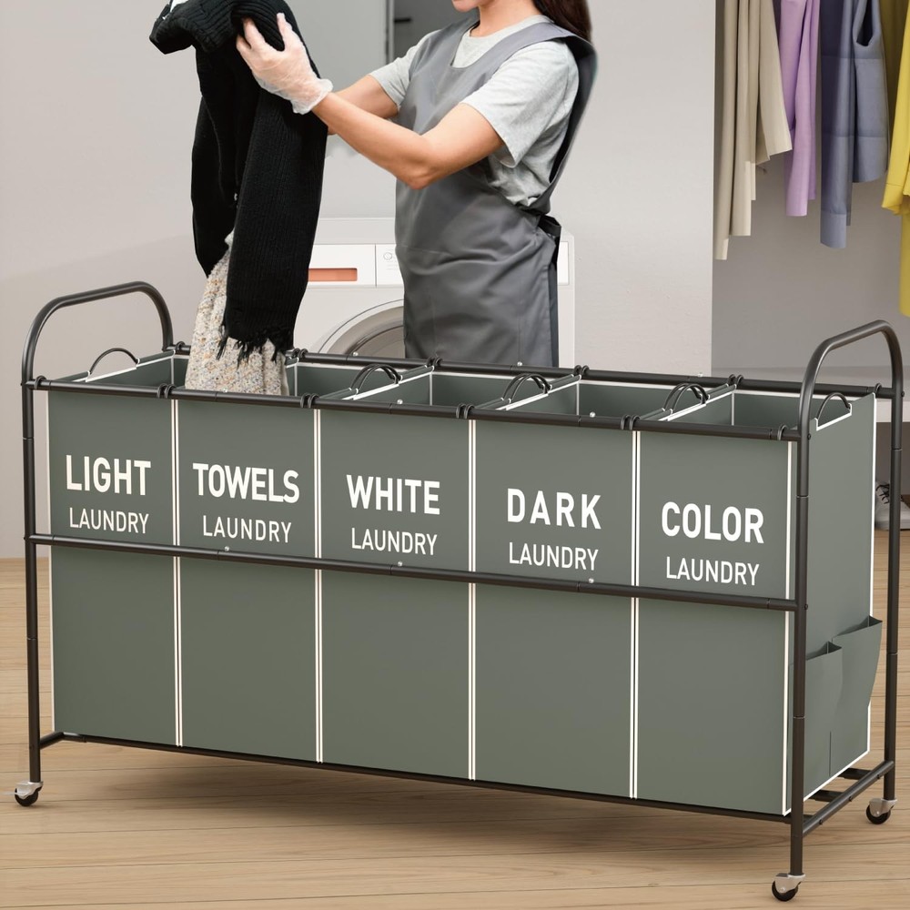 5-Section Laundry Sorter Cart, Large Laundry Hamper with Lockable Rolling Whe...
