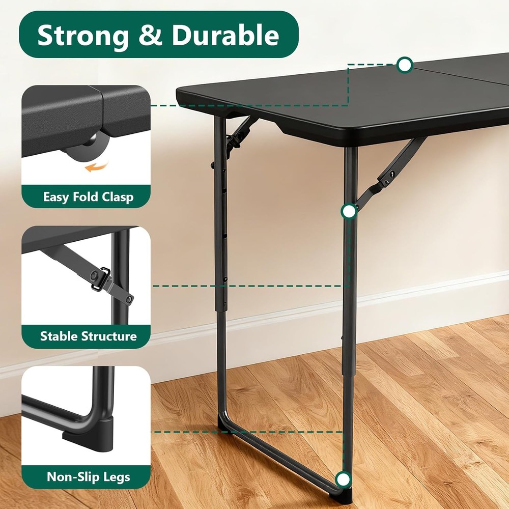 Folding Table 4FT Heavy Duty Plastic Table with Handle, Foldable&Portable, Fold-