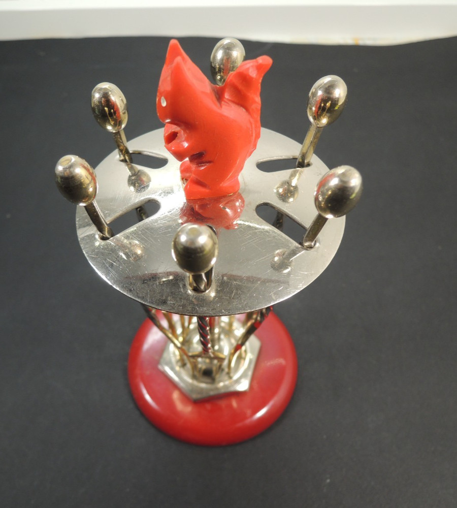 Vtg.Red Cherry Bakelite Squirrel Cocktail Fork Set – 1950s Chrome & Gilt Barware