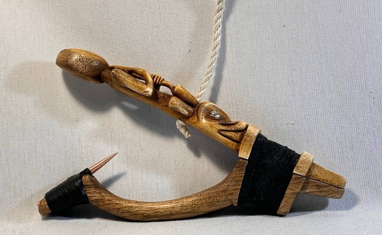 Shaman and Wolf Totem Halibut Hook, Shell Inlay, Northwest Coast Design