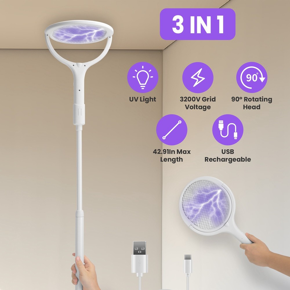 3 In 1 Rotating Electric Bug Zapper Racket Handheld Mosquito Killer