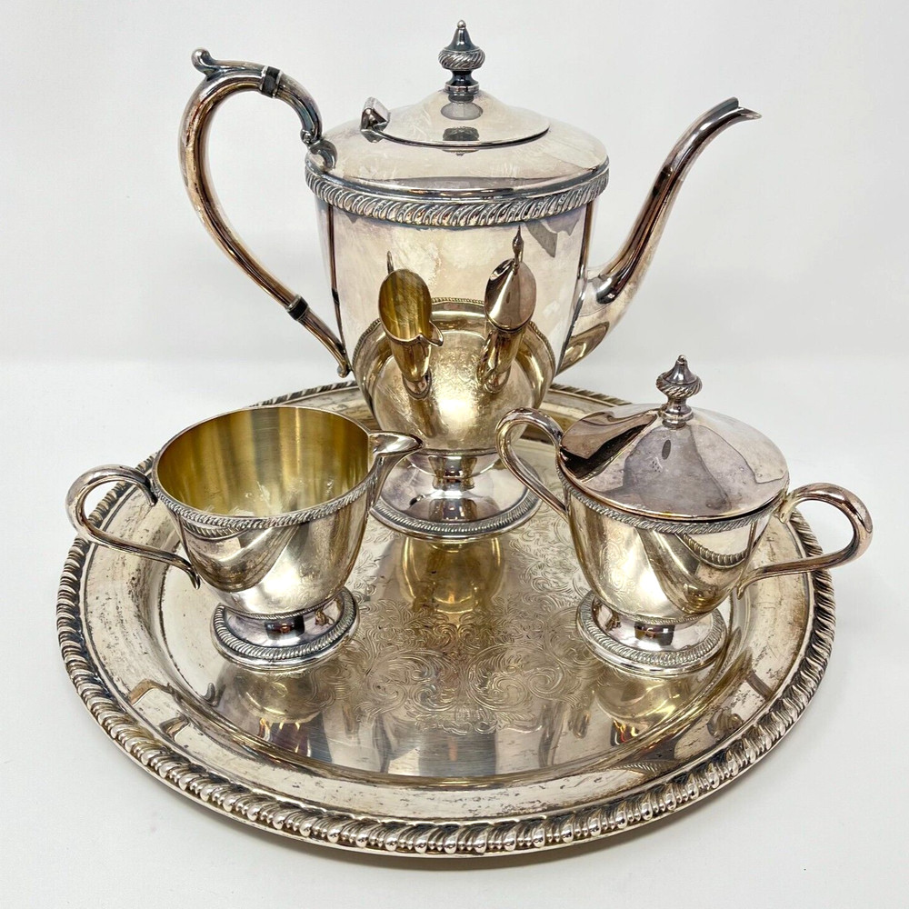 Haddon Tudor Plate Oneida Community Silverplate Tea Set Teapot Creamer Sugar Tra