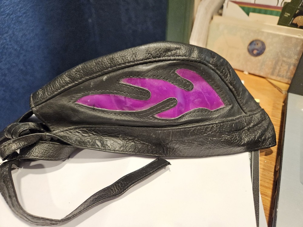 Black leather motorcycle skull cap with purple flame inserts