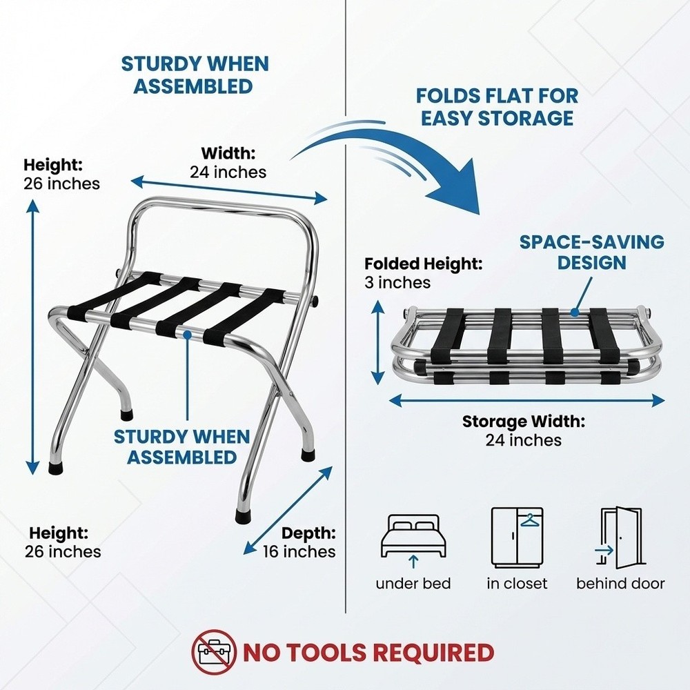 USTECH - Luggage Rack-Single Tier with High Back, Chrome, Foldable
