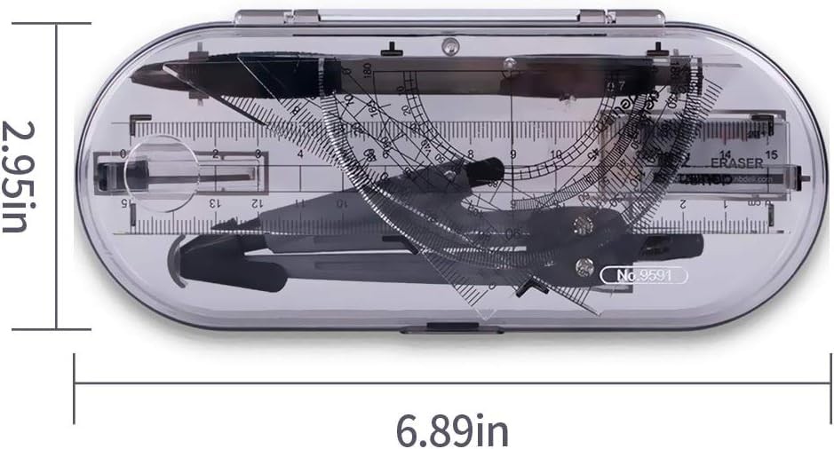 Math Geometry Kit Set - Shatterproof Box,Rulers,Protractor,Compass,Pencil,Eraser