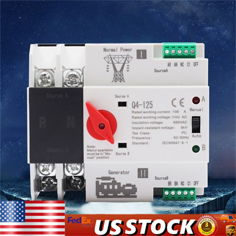 100A PC Level Dual Power Automatic Transfer Switch 2P Generator Changeover 110V