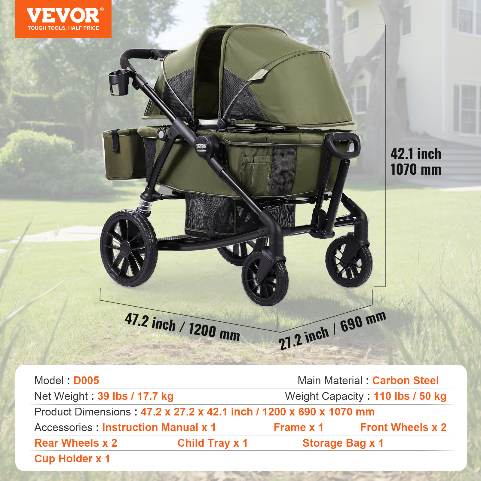 VEVOR All-Terrain Stroller Wagon 2 Seats Collapsible w/ Canopy Dark Olive Green