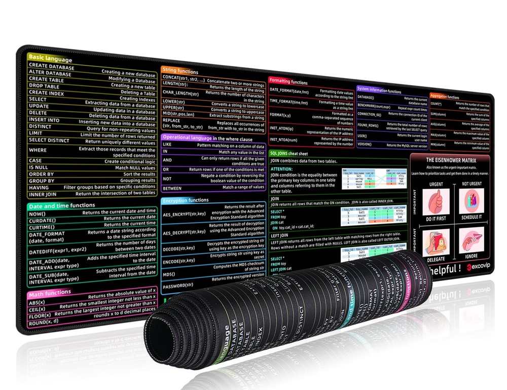 SQL Cheat Sheet Mouse Pad Database Shortcut Key Mat Large Anti Slip 80x30 cm