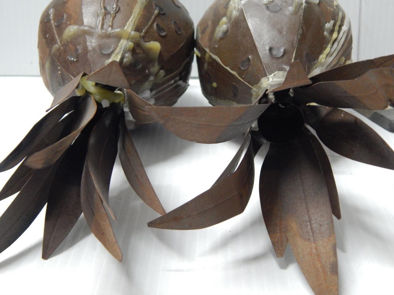 UNIQUE FIND: PAIR OF VINTAGE ANTIQUE MEXICAN TIN PINEAPPLE DSGN CANDLE STICKS