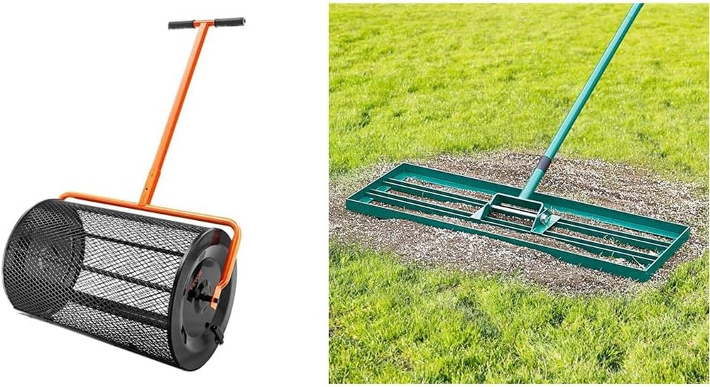 Compost Spreader with Lawn Leveling Rake, 24" Wide Basket with Adjustable Handle
