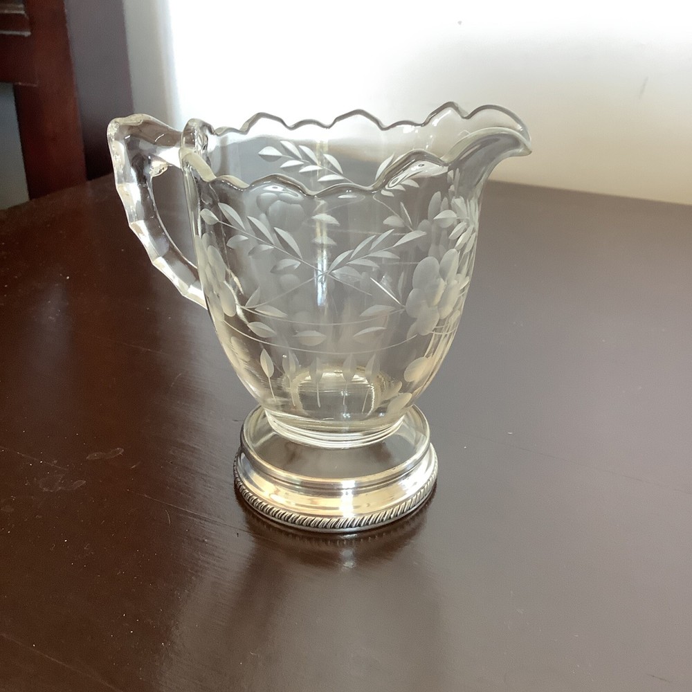 Vintage Etched Glass Syrup Pitcher with Sterling Base (Gadroon pattern)