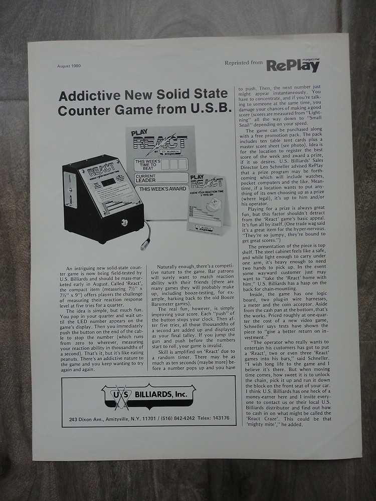 React Arcade Machine Flyer Original US Billards Inc Brochure