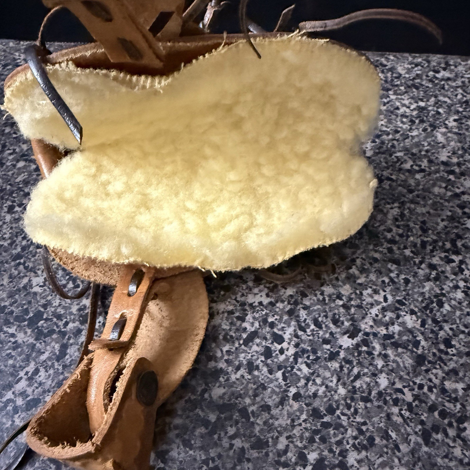 Vintage Western Mini Leather Saddle Cowboy Ranch Decor Shearling Tooled 6”x4.5”