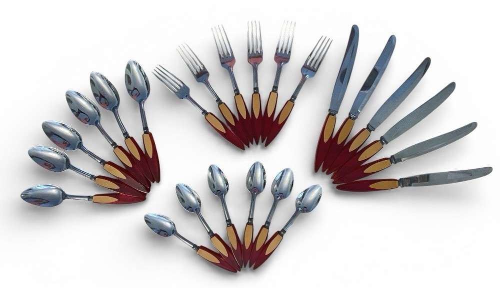 Bakelite Catalin Inlaid Teardrop Cherry Red Butterscotch Flatware 24 pc