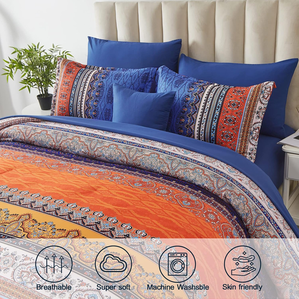 King 8Pc Boho Comforter Set Burnt Orange Paisley Microfiber Bedding