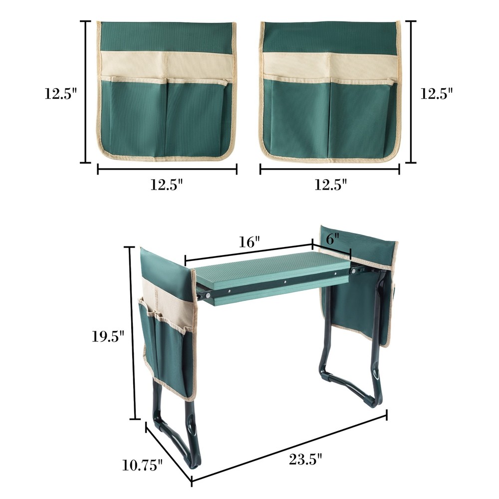 Foldable Garden Kneeler & Stool W/ Tool Pouches Green