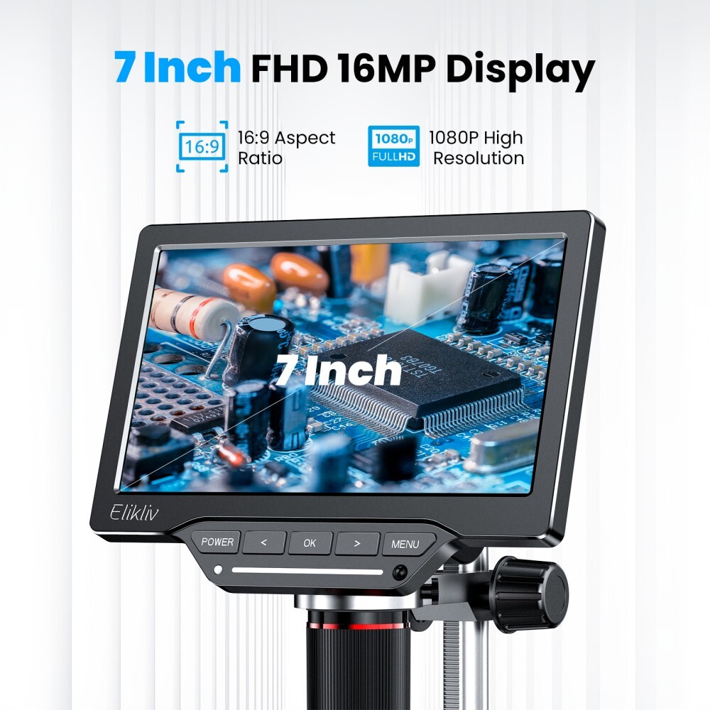 Elikliv 7'' Digital Microscope 10-1300X 16MP 1080P USB Coin Magnifier with Light