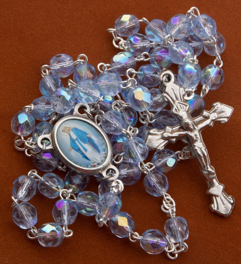 Women's Miraculous Medal Catholic Rosary Beads Blue Glass Beads Divine Mercy