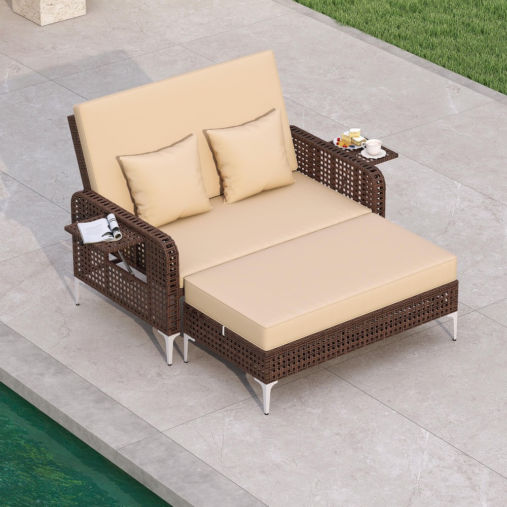 2 PCS Wicker Loveseat & Storage Ottoman w/ 4-Level Backrest & Soft Cushion