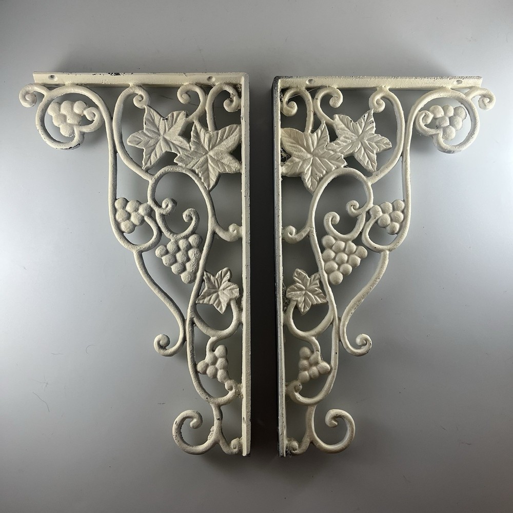 Vintage White Cast Iron Grape Leaf Scroll 13in Basket Hook Angle Corner Bracket