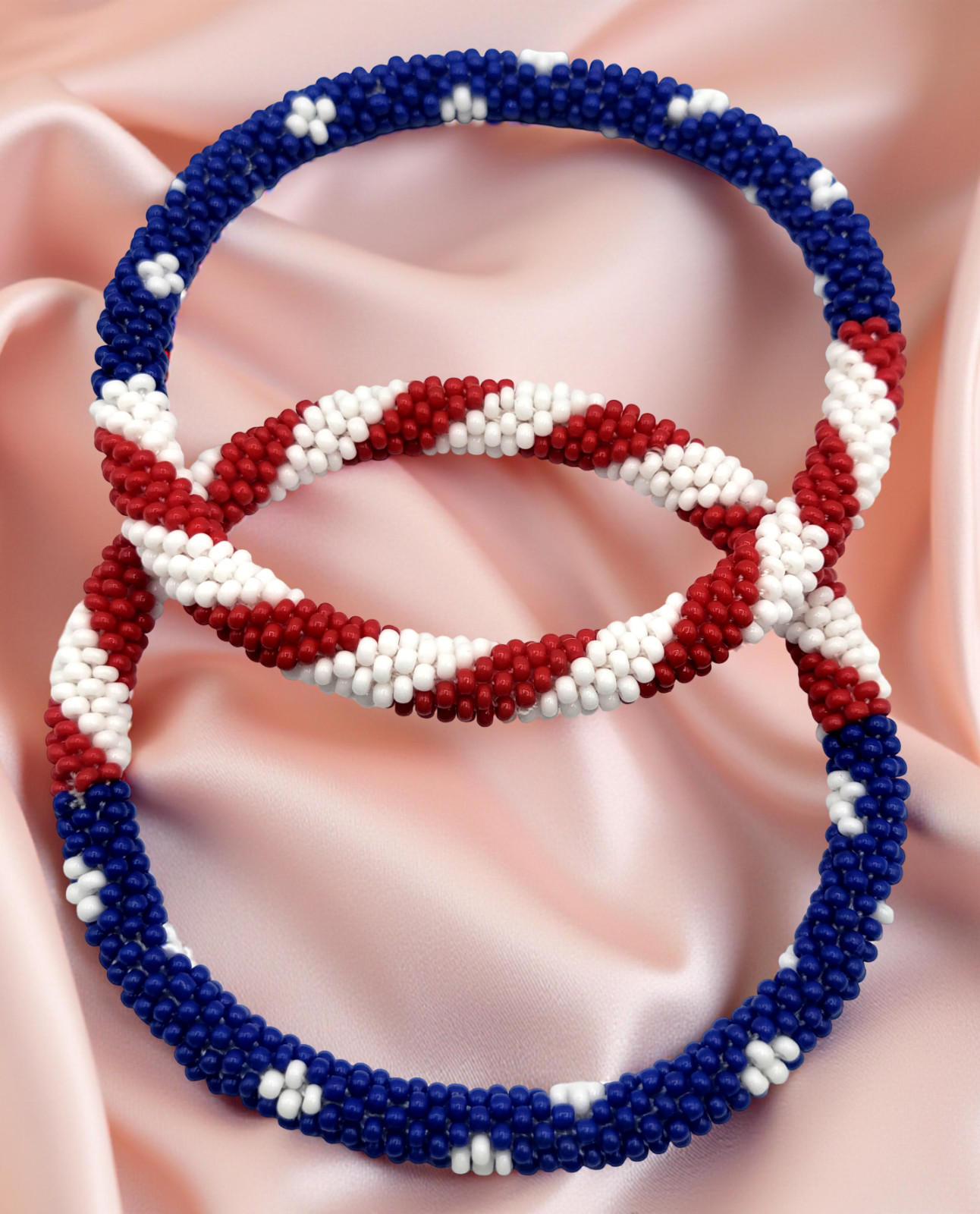 Set of 2 Red, White, and Blue USA Flag Patriotic Colors Crochet Glass Bracelets