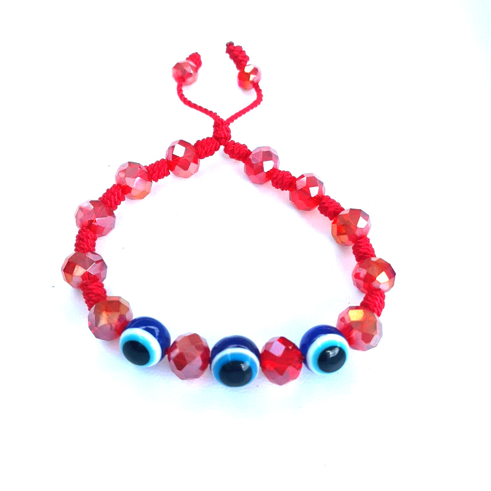 Protection Bracelets 3 Blue Evil Eye with clear red crystal and red string
